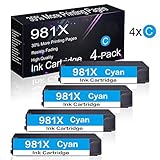 4 Pack 981X Cyan Remanufactured Ink Cartridge Replacement for HP PageWide Enterprise Color 556dn,556 Printer Series,Flow MFP 586dn,Flow MFP 586f,Flow MFP 586 Series Printers.