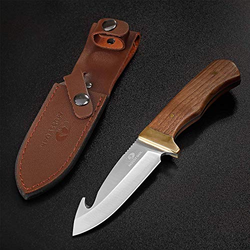 Mossy Oak Fixed Blade Gut Hook Knife, 9.5-Inch Full Tang Field Processing Knife - Wooden Handle, Leather Sheath Included, For Skinning, Hunting, Outdoors #TOP3