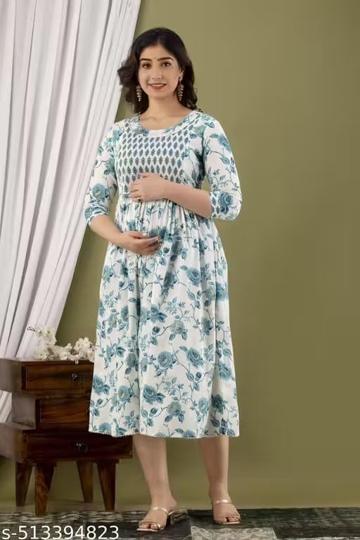 Image of Women's Floral Printed Cotton Maternity Dress Kurti with Feeding Zipper, Maternity Gown for Women, Feeding Dress, Maternity Kurti