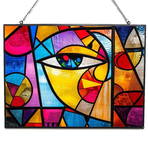 365CUSGIFTS Rectangle Abstract Face Stained Glass Window Hangings, Cat Butterfly Sunflower Handcrafted Stained Glass Suncatchers, Gift for Cat Lovers Nature Lovers 15