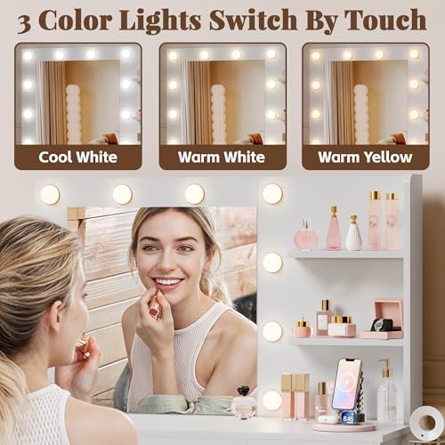 Image of YESHOMY 35.4 inch Vanity Desk with Mirror & Lights, Power Outlet,Fresh White