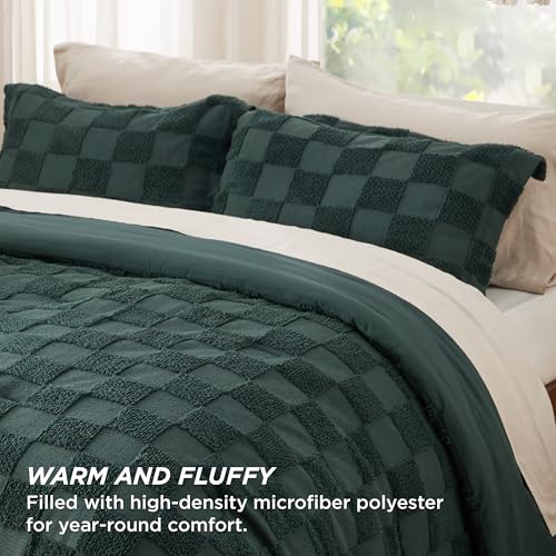 Image of Bedsure King Size Comforter Set Emerald, Boho Tufted Bed Set, Checkered Farmhouse-Style Distressed Vintage Bedding, 3 Pieces, 1 Plaid Geometric Comforter and 2 Pillow Shams