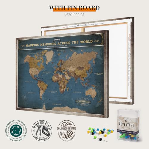 Image of DECORARTS - World Travel Map with Pins, Pin Board Canvas Wall Art, Modern Navy Blue Maps for Wall Decor, Giclee Print on Canvas, Handcrafted in USA, 30x24''