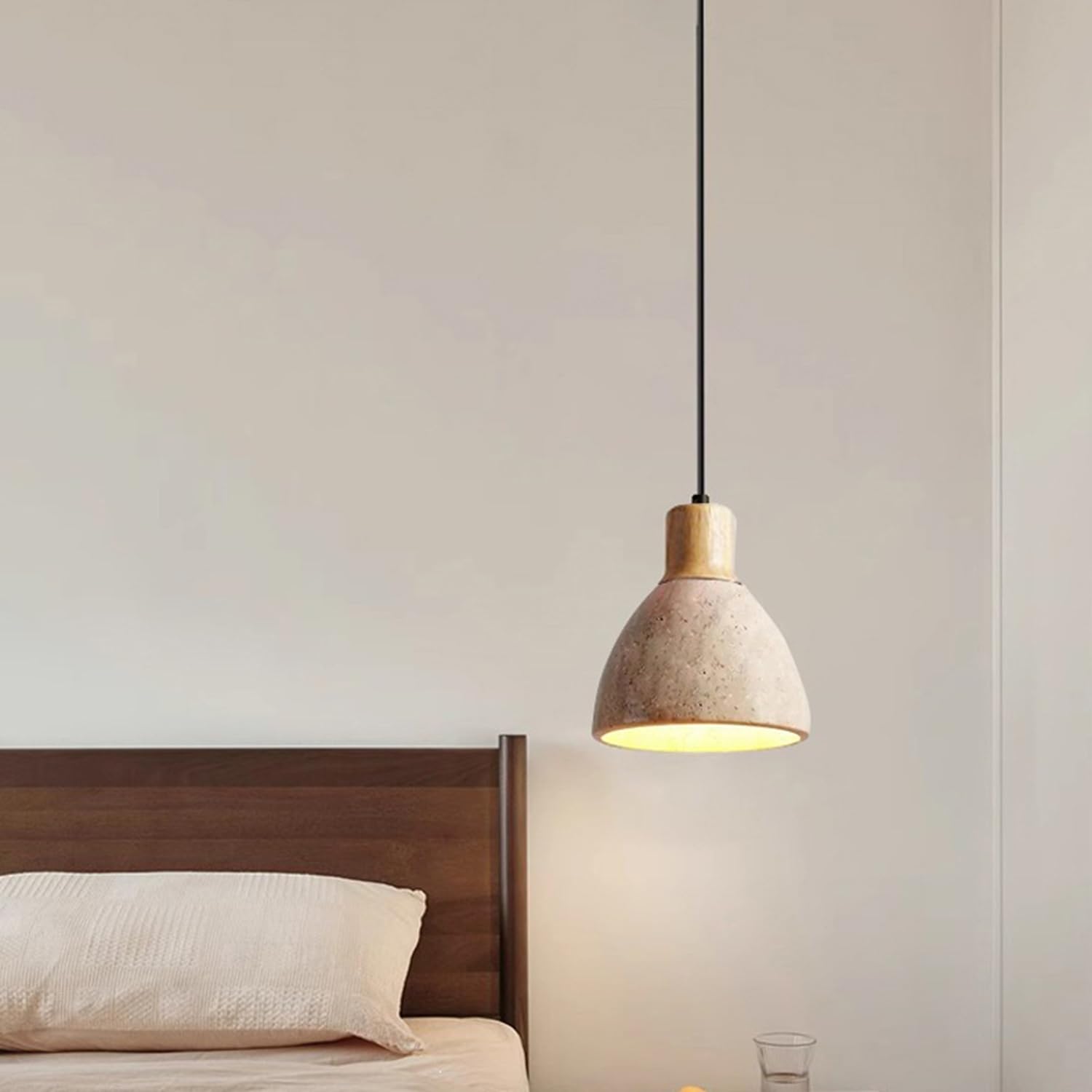 Lampadari a sospensione in pietra di travertino naturale Lampada a da 6,3 pollici Travertino poroso con decorazione artistica in legno Stile base industriale(Natural wood colour)