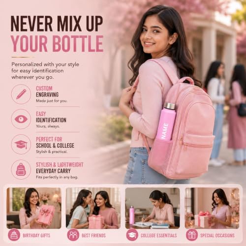 Image of Courage Personalised Stainless Steel Water Bottle 1 Litre | Custom Name Engraved Bottle | Leak-Proof, BPA-Free, Rust-Resistant | Stylish Gift for Kids, Women & Men | Office, School & Gym Use (Pink)