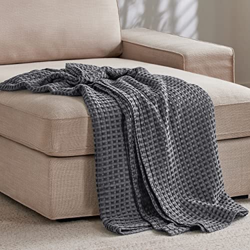 Image of Bedsure Cooling Cotton Waffle Weave Blanket - Lightweight Breathable Blanket of Rayon Derived from Bamboo for Hot Sleepers, Luxury Throws for Bed, Couch and Sofa, Dark Grey, 50x70 Inches