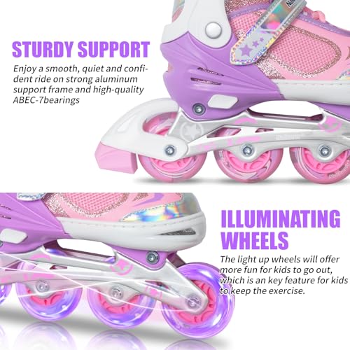Nattork Blade Roller Skates for Girls with Light Up Wheel,Adjustable Illminating Inline Skates for Big Kids Youth Teen Children\'s Outdoor & Indoor Ages 6-12 9 10 11 12, Beginners Light Purple