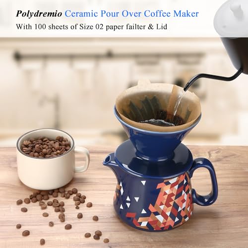 Image of Pour Over Coffee Maker, Ceramic Coffee dripper with 100 pcs Paper Filter, Ceramic coffee Server with Lid, 15.5oz /450 ml, Suitable for 1-2 people (Blue)