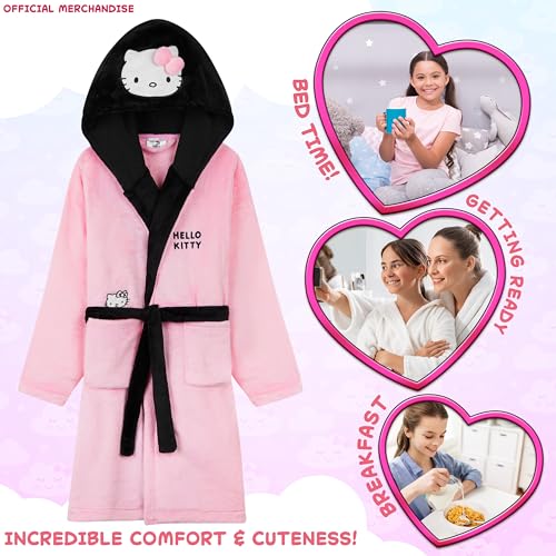 Image of Hello Kitty Sanrio Robe for Girls, Teens, Fleece Hooded Bath Robe Cozy Loungewear Cinnamoroll Kuromi Kawaii Gifts For Girls (9-10 Years, Pink Hello Kitty)
