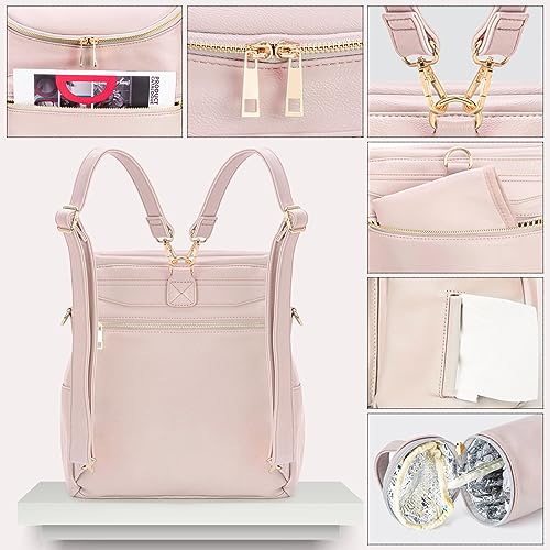 Image of Minsong Diaper Bag Backpack, Fashion Leather Mommy Backpacks, Travel Baby Diaper Bags with in Bag Organizer and Changing Pad (Pink)