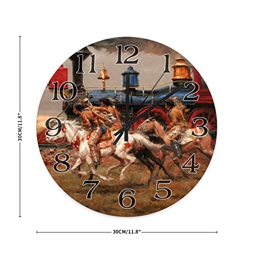 Old Train Clock Native American Indians Clock Farmhouse Clock Wooden Wall Clock 12 Inch Wall Clock Battery Operated Farmhouse Wall Decor Home Decor For Kitchen,Living Room,Bedroom,Office #TOP1