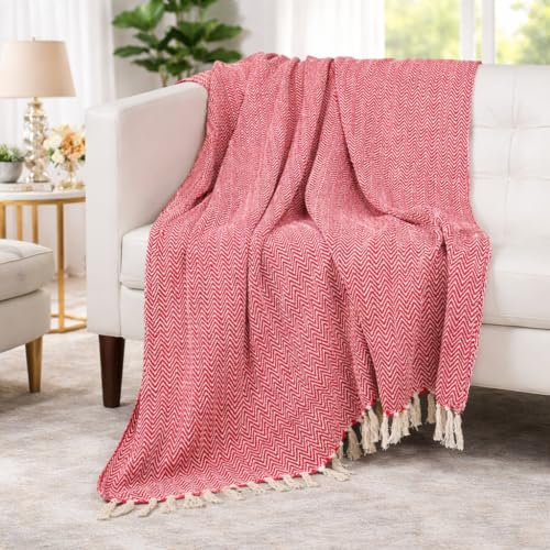Image of Tarantaran All Season Cotton Weaved Throw Blanket for Bed /Sofa 50x70 INCHES (Red)