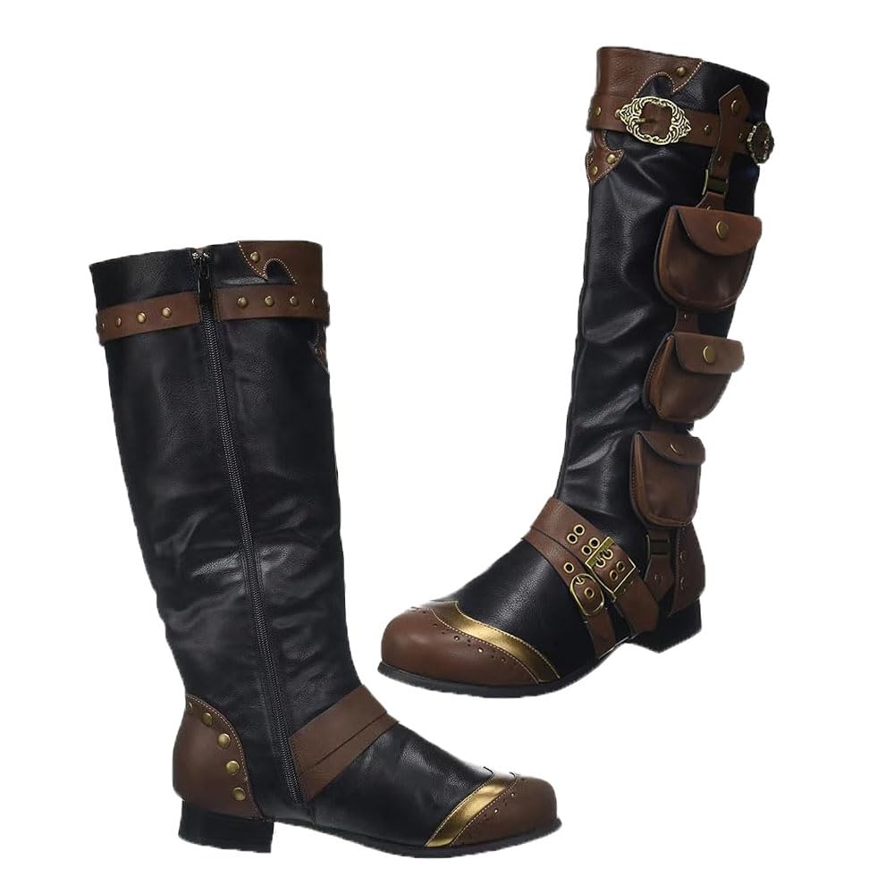 Stivali Da Cavaliere Steampunk Stivali Da Pirata Vichingo in Pelle Sintetica Con Tasca Laterale Scarpe Singole Con Cerniera Retrò per Cosplay