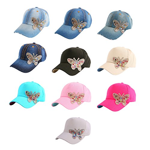Girls Bling Baseball Hat Rhinestone Crystal Cap,Butterfly Washed Denim Hat4