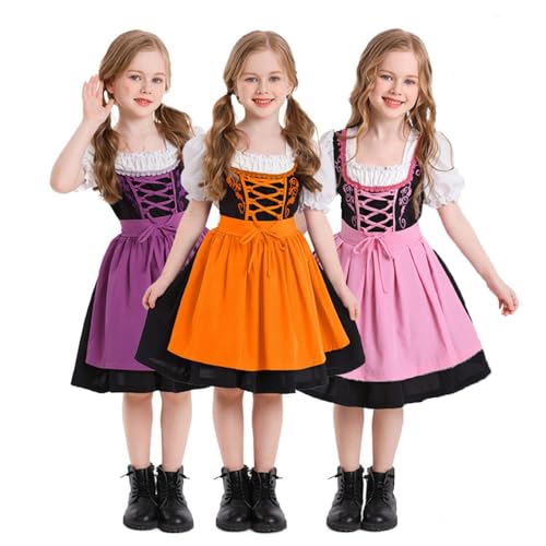 Girls German Dirndl Dress Costumes for Bavarian Oktoberfest Vintage Halloween Beer Festival Outfit (Purple, 10-12 Years)