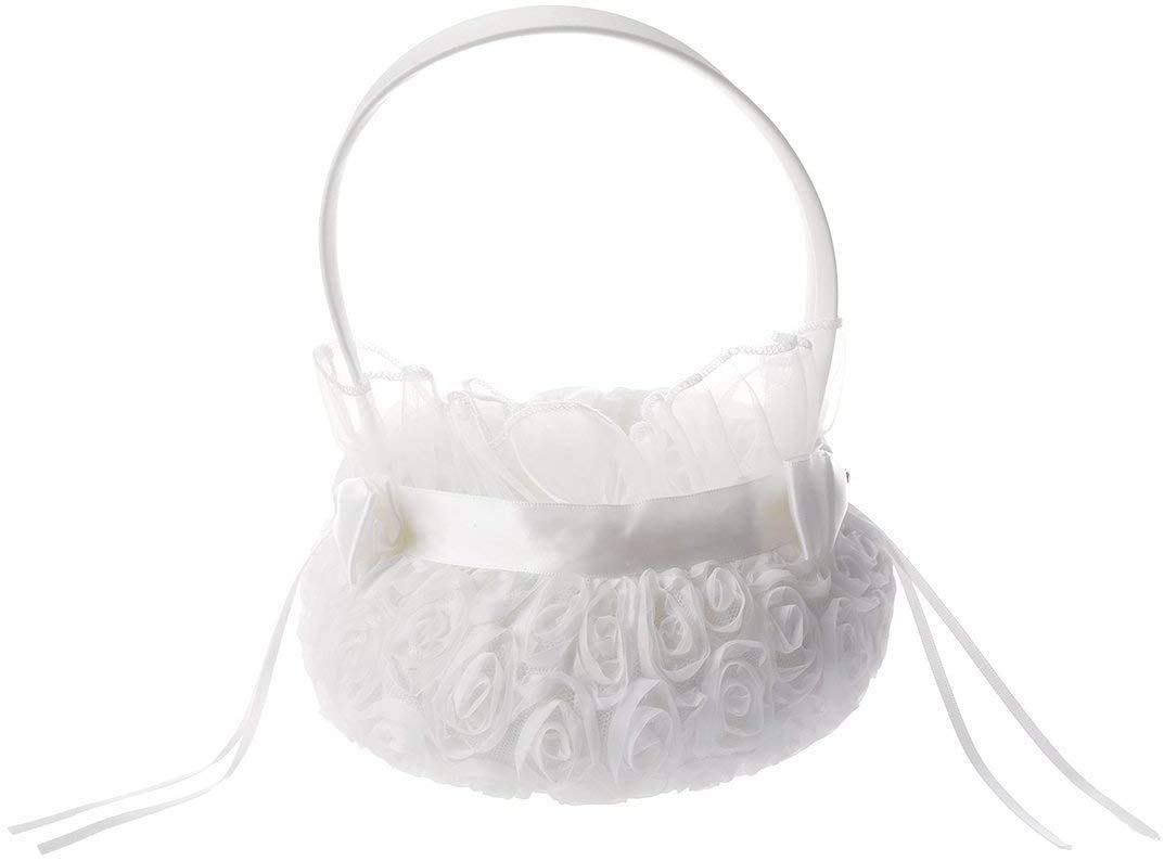 White Satin Flower Girl Basket with Rhinestones and Bowknot