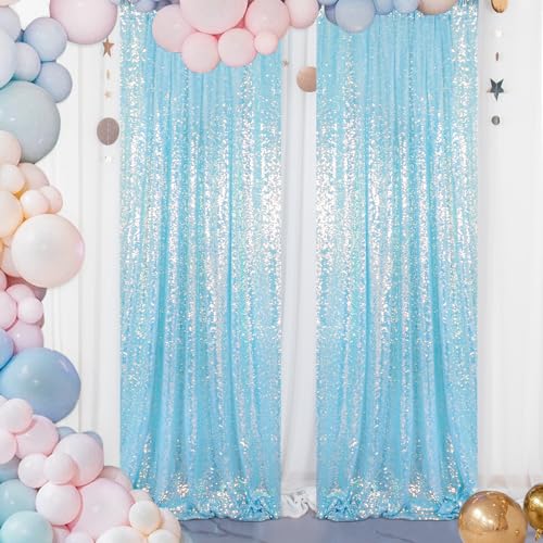 ShinyBeauty Iridescent Aqua Sequin Backdrop Curtain 5FTx10FT 2 Panels Photo Backdrops Blue Backdrop 10FT Sequin Fabric Curtains Christmas Studio Birthday Party Backgrounds