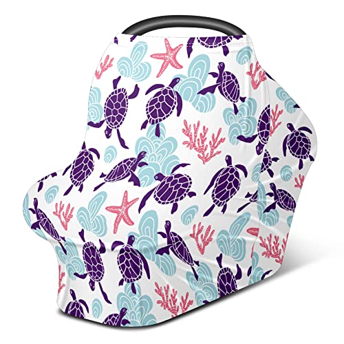 Baby Car Seat Stroller Covers Purple Sea Turtles Marine Starfish Nursing Cover Breastfeeding Scarf Soft Breathable Stretchy Coverage Carseat Canopy Cover for Boys and Girls Soft Breathable Multi Use
