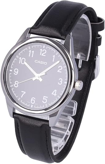 Casio MTP-V005L-1B4 Standard Dress Watch, Mens, Analog, Stainless Steel, Leather, Silver, Black