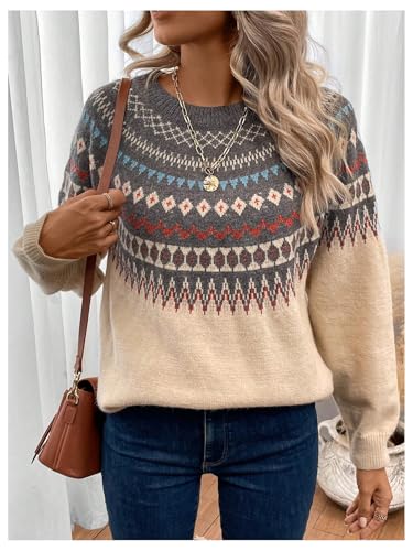 Image of BEAUDRM Women's Geometric Pattern Sweater Long Sleeve Crewneck Fair Isle Sweaters Christmas Pullovers Top Multicolor Large