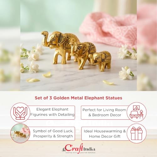 Image of eCraftIndia Set of 3 Golden Metal Elephant Statues for Good Luck| Animal Figurines Decorative Elephant Showpieces| Elephant Decorative Items for Home Living Room Office| Gift for Diwali Housewarming