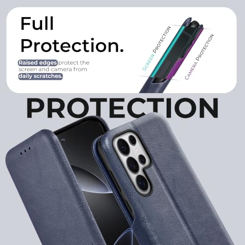 Image of PULOKA Premium Vegan Leather Phone Cover with Card Slot - Compatible with Samsung Galaxy S25 Ultra - Sleek Flip Case, Slim, Durable, Privacy Protection, Kickstand Function (Blue)