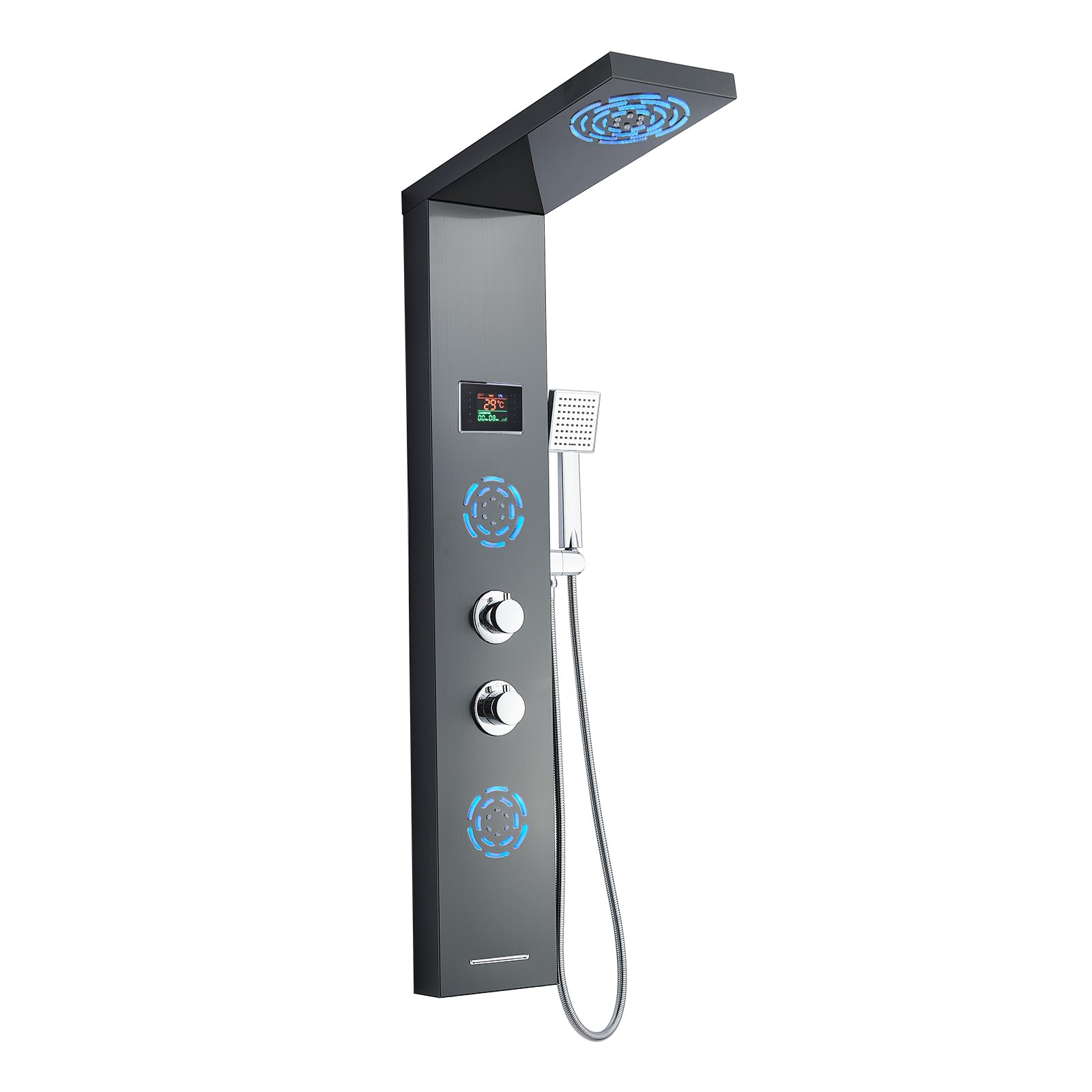 Pannello doccia 5 in 1 con rubinetto senza batteria, set doccia LED tempo doccia e indicatore ℃, doccia a pioggia, doccia a LED, montaggio angolare, pannelli doccia nero, ottone e acciaio inox