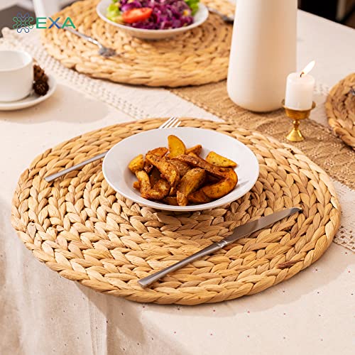Exa Set Of 8 15” Woven Placemats, Natural Water Hyacinth Placemat, Round Wicker Braided Straw Table Mats, Rattan Placemats, Large Handmade Weave Placemats Heat Resistant Non-Slip For Dining Table #TOP5