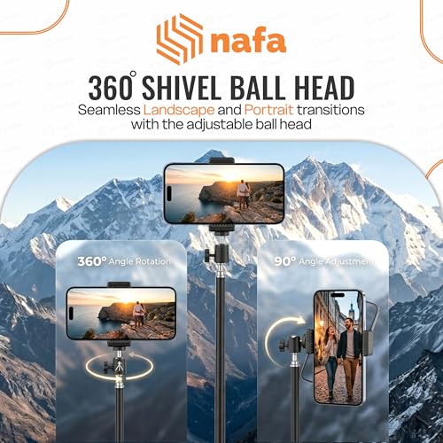 Image of NAFA Lightweight & Portable 7 Feet (84 Inch) Long Tripod Stand with Adjustable Mobile Clip Holder for All Mobiles & Cameras | Working Length of 800 mm to 2100 mm | Supports Weight Up to 5000 g