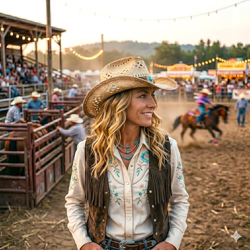 Image of TOVOSO Straw Cowboy Hat for Women and Men with Shape-It Brim, Western Cowboy Hat, Orange /Beads - Tea Stain