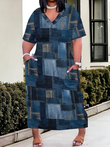 Image of Plus Size Maxi Dress for Women Short Sleeve V Neck Casual Loose Sundress with Pockets