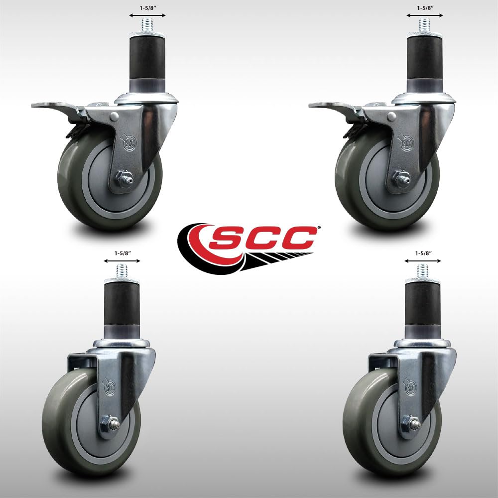 Stainless Steel Polyurethane Swivel Expanding Stem Caster Set of 4 with 4 Inch Gray Wheels and 1-5/8