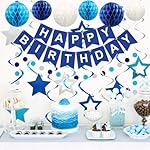 meowtastic Birthday Decorations, Happy Birthday Banner with Honeycomb Balls, Stars Hanging Swirl Streamers, Circle Dots Garland, Happy Birthday Party Decorations for Women Men Boys Girls (Blue) - Image 2