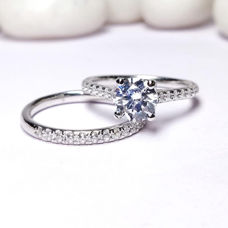 1.00 Ct. Certified Round Cut Moissanite Engagement Ring Set, 14k Gold Finish Moissanite Ring Set For Women, Moissanite Bridal Ring Set