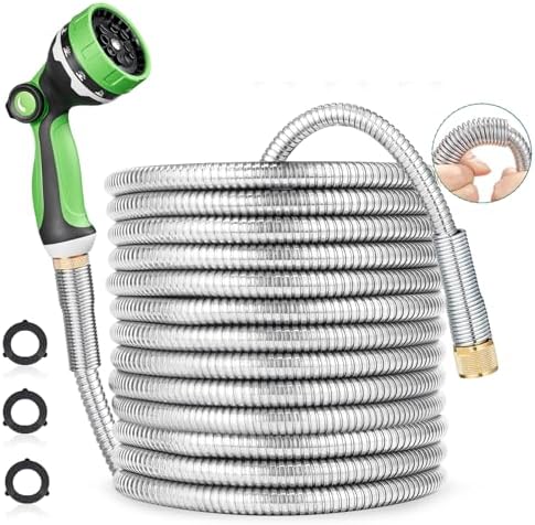 HOMEIDEAS 75 ft Leak-proof Stainless Steel Metal Garden Hose Set - Newly Premium SUS304 Spring Protective Sleeve, Anticorrosive 3/4