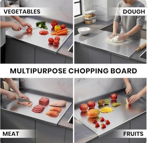 Image of Extra Large 304 Stainless Steel Cutting Board (41x31 cm) with Free 3 Knife Set - Heavy Duty Chopping Board for Meat, Vegetables, Fruits & Kitchen Countertop - Easy to Clean, Rust Resistant & Durable