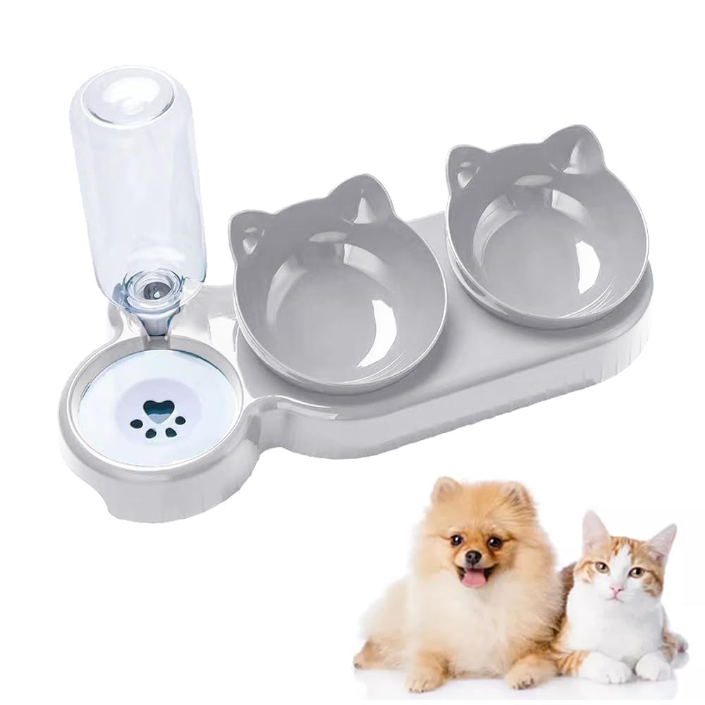 Cat Food And Water Bowl Set, Raised Cat Bowls with Stand, Double Bowls with Water Dispenser for Dog, Food And Water Feeder For Small Pet (Grey)