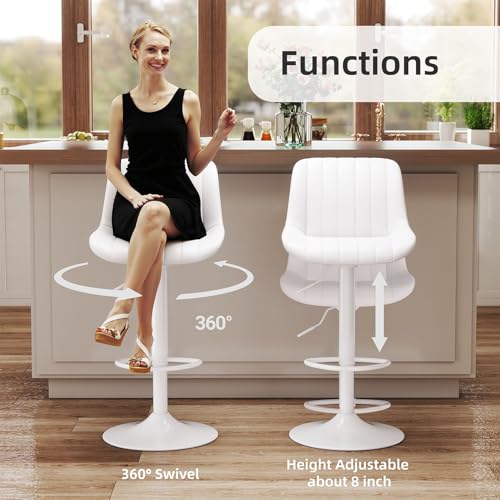 Image of Youhauchair Adjustable Faux Leather Bar Stools Set of 2, White | Swivel, Counter Height, Back & Footrest, Armless, PU, Modern, Kitchen Island Stool, Upholstered Dining Room Chair