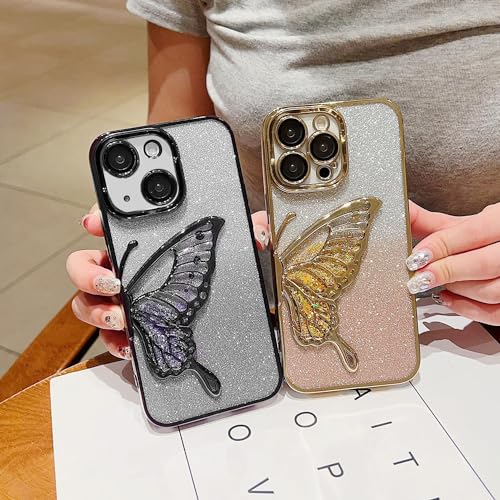 Image of MIDOS Thermoplastic Polyurethane Designed Comatable With iPhone 15 TPU Case Glitter Cute Butterfly Plating Design Aesthetic Women Girls Cover For iPhone 15 (Black)