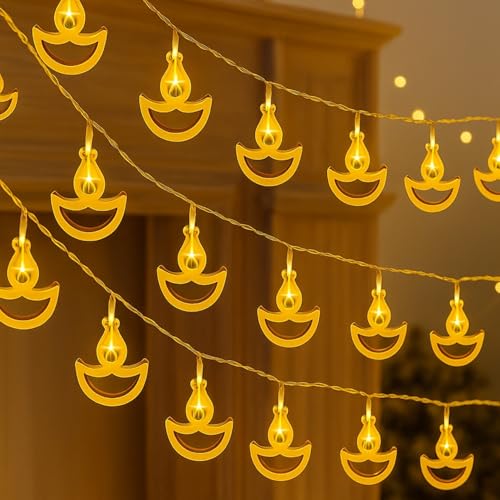 Image of One94Store 14 LED Metal Diya String Lights - 3 Meter Warm White Plug-in Fairy Lights for Diwali, Mandir, Pooja Room, Home, Indoor Outdoor & Festival Decoration