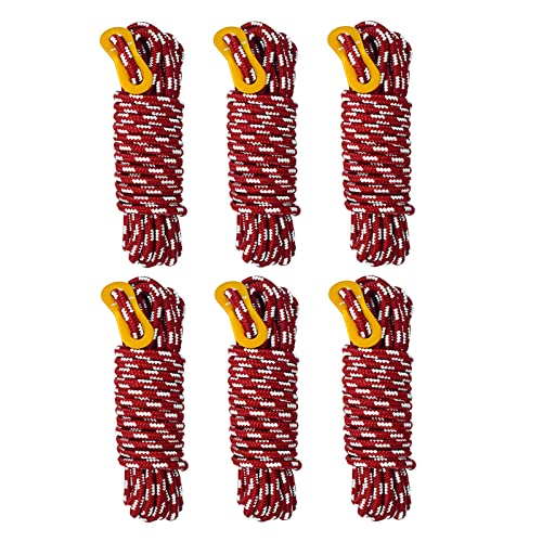 GEERTOP 6 Pack 5 mm Portable Lightweight Tent Ropes Outdoor Camp Guylines with Aluminum Adjuster Tensioner for Tent Tarp, Canopy Shelter, Camping Hiking Backpacking Travel Red