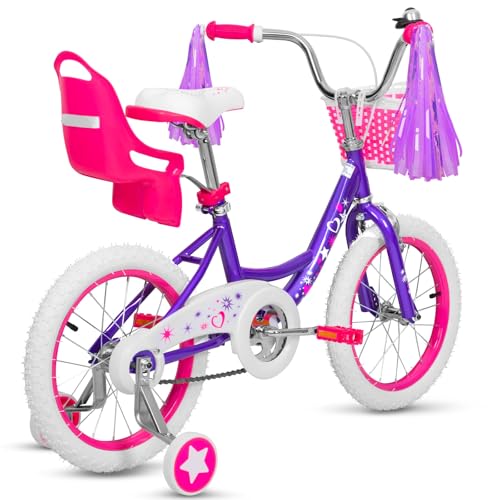 Image of WEIZE Girls Bike for 3-12 Years Old Kids, 14 16 20 Inch Kids Bike with Training Wheels, Streamers, Basket and Doll Seat, Children Bicycles with Coaster Brake, Multiple Colors