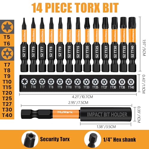 Image of Mulwark 2 inch Torx Bits Set, 14 Pieces (T5-T40) - Premium S2 Steel Security Torx Socket Bits with Magnetic Holder, Ideal for Christmas Gifting