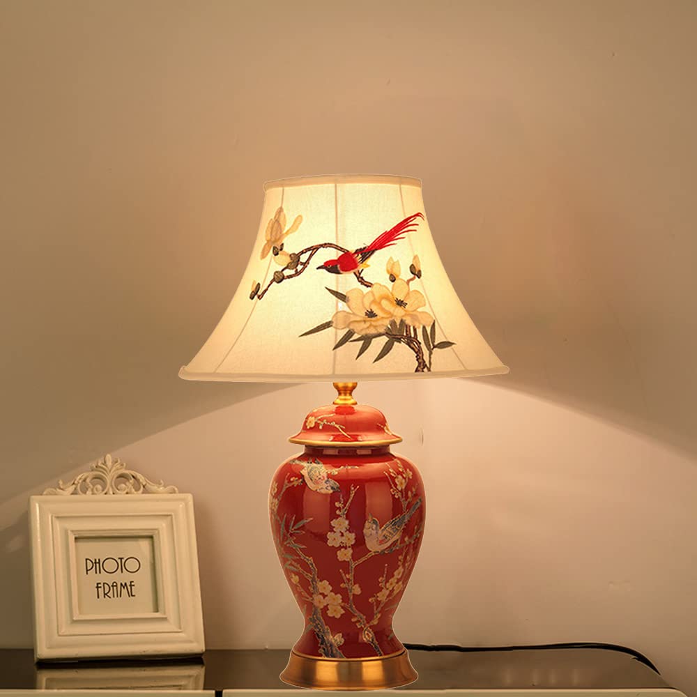 Mengjay Ceramica Lampada da scrivania,Luce da Scrivania in Tessuto,Lampada da scrivania in Ceramica Lampada da Tavolo Vintage,E27 Lampada comodino per camera da letto, studio (Rosso)