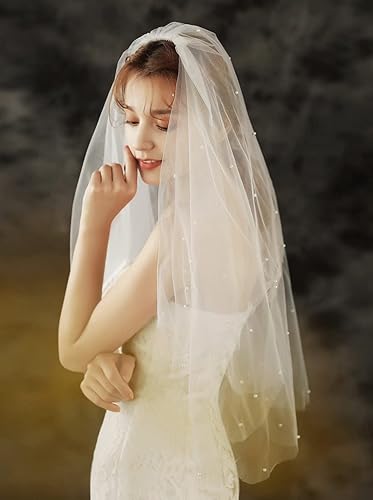 Miniatura 3 de JWICOS Velo de novia de 2 niveles para novias, accesorios cortos de tul para novia con peine y borde cortado, diadema de velo de perlas para