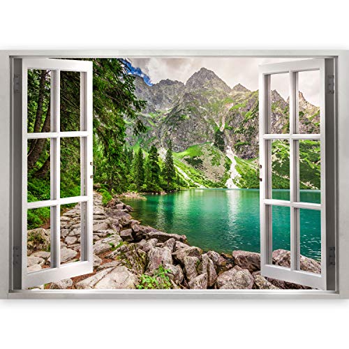 murando 3D WANDILLUSION Wandbild Gebirge See Fototapete Poster XXL Fensterblick Vlies Leinwand Panorama Bilder Dekoration Wald Natur Landschaft 140x100 cm c-B-0209-c-a