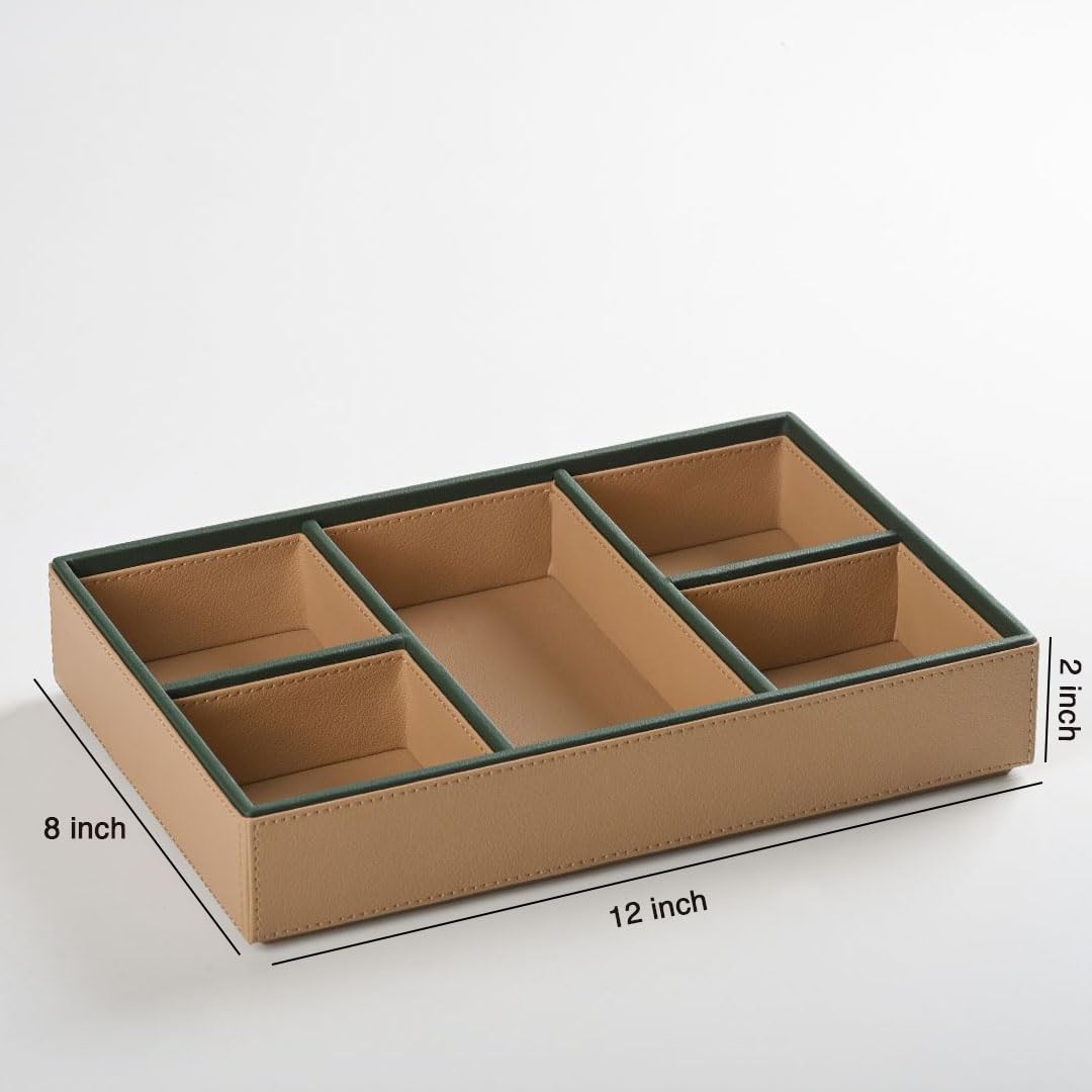 CASA BOTANICAL Desk Leather Organizer Tray with 4 Compartments Stylish | Perfect For Jwelry Organizer, Office, Study, Table, Bedside Tray, Cosmetic, and Decoration | Beige Multi-Functional 4