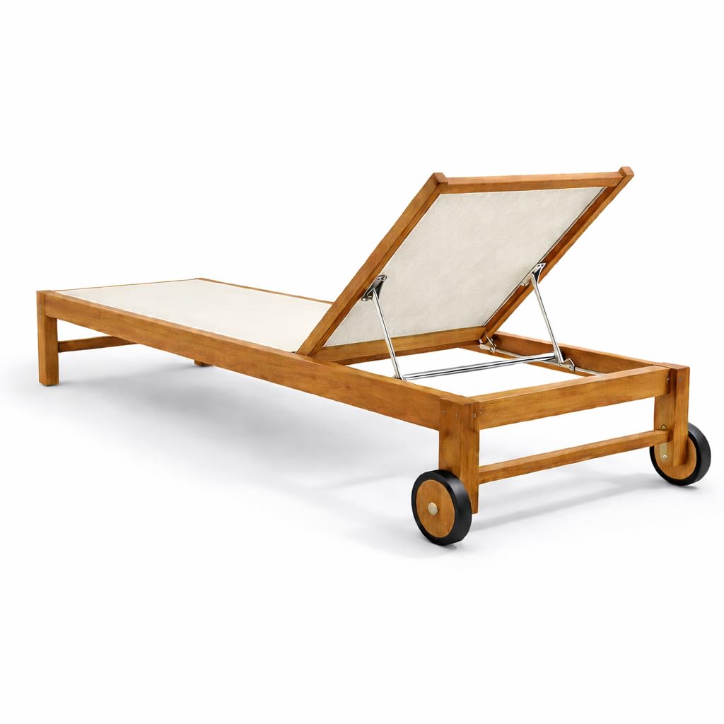 Set 2 Lettini Prendisole in Legno Teak con Ruote JAVA | Sdraio Giardino Reclinabile 4 Posizioni con Tela Traspirante | Lettini Piscina Outdoor Premium | (Beige)