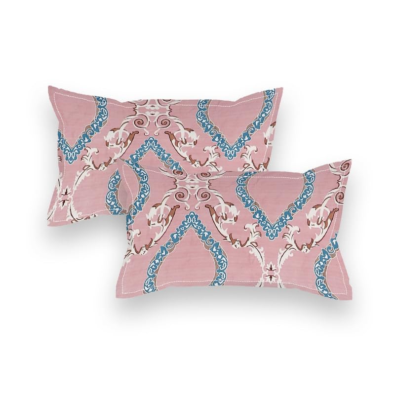 Image of NHD HOME Premium Cotton Floral Elastic Fitted Bedsheets With 2 King Size Pillow Covers Double Bed With All Around Elastic Supersoft Size-72 X 78 +10 Inches Tradional Pattren Pink&Blue 200 Tc-220 Tc