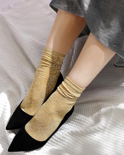 Syhood 4 Pairs Women's Novelty Glitter Ankle Socks Sparkly Metallic Casual Ladies Bright Retro Piles Ankle Socks2